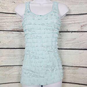 Free Kisses Aqua Blue Ruffle Sequin Tank Top Size S Made in USA